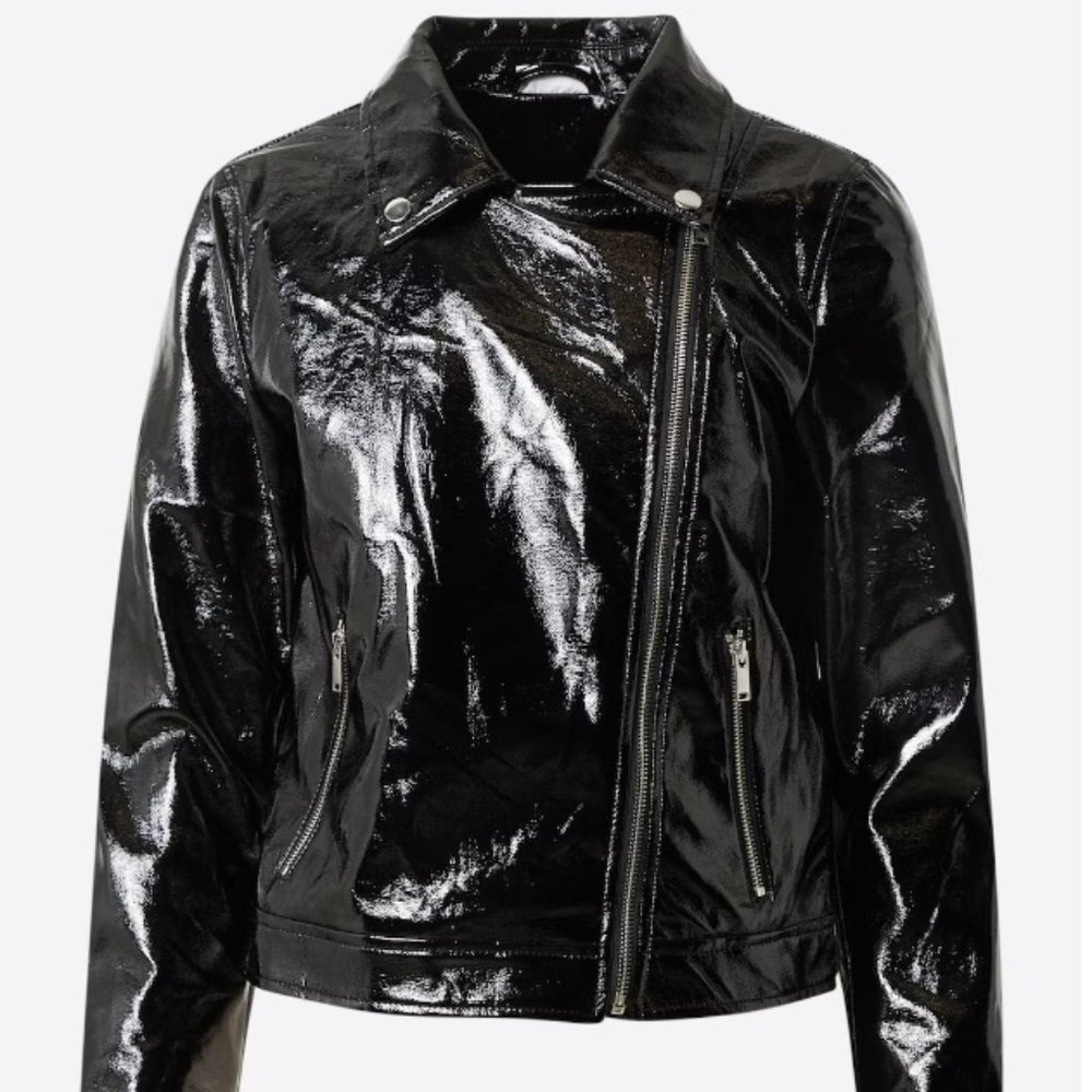 NWT Noisy May Kaya Medium Faux Crinkle Leather Patent Moto Jacket